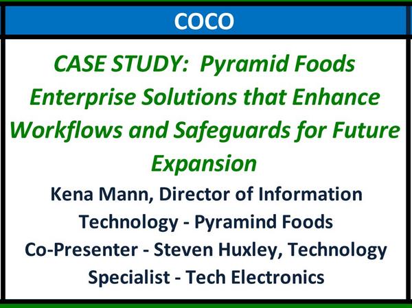 techitoutexpo's tweet photo. Sep 18th 9:30am (COCO Room) - Kena Mann w/ Pyramid Foods & @Tech_Elec present a case study! See Image #techITout2014 http://t.co/v3mQ6N29nl
