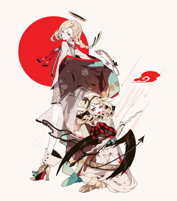 描いた 角 けもみみ ぱっつん 金髪 三つ編み 内巻き髪 眼鏡 丸眼鏡 タレ しきみのイラスト