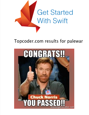 palewar's tweet photo. Yay!! My first @topcoder win - http://t.co/5LPRSjjUVA. Thanks @clattner_llvm #getswifter #Swift @tonic888 http://t.co/491jE3NFEO