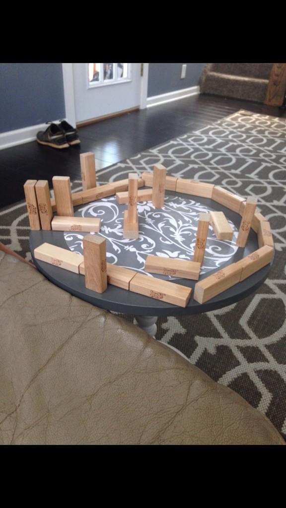 AllOutBaseball's tweet photo. My son made a @JENGA field when he woke up. Umpire, catcher, all the bases w/ runners at each base. #mindworking http://t.co/7mFnNzkLW9