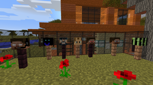 AmiPolizeiFunk's tweet photo. L to R: Ami, Aydan (my son), @nickel101, Lynksey, Xcom, @Jannev252, and Jarl #minecraft #headsonastick http://t.co/ntqrdO6NVj