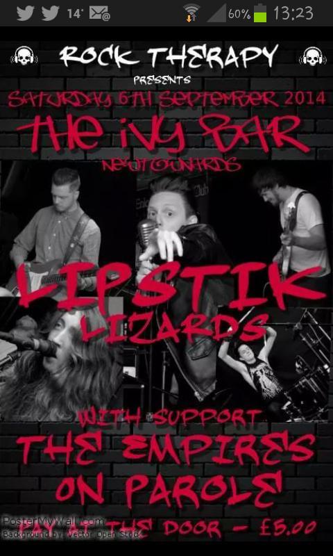 Rocktherapyni's tweet photo. Tonight! Ivy Bar, Newtownards @LipstikLizards, The Empires, @OfficialParole &amp; Paddy Clarke,  don't miss it! http://t.co/mwUXTMougb