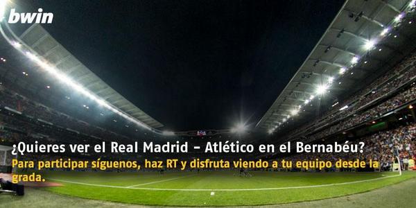 bwin_es's tweet photo. ¿TE VIENES AL BERNABÉU CON @bwin_es A VER EL REAL MADRID - ATLETI?

Para participar: SÍGUENOS y HAZ RT. Lee T&amp;C http://t.co/KLC3wT9Ykd