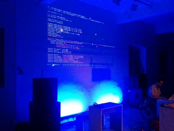 yminsky's tweet image. Live coded music in Clojure in Emacs with rainbow delimiters and an animated background. Mind: blown.