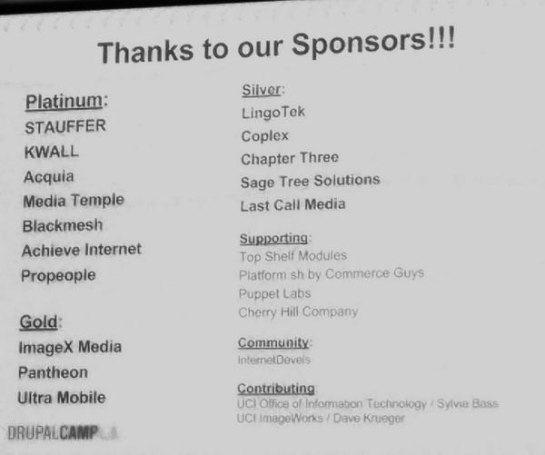 ToddZebert's tweet image. Thanks to all the #DrupalCampLA sponsors!