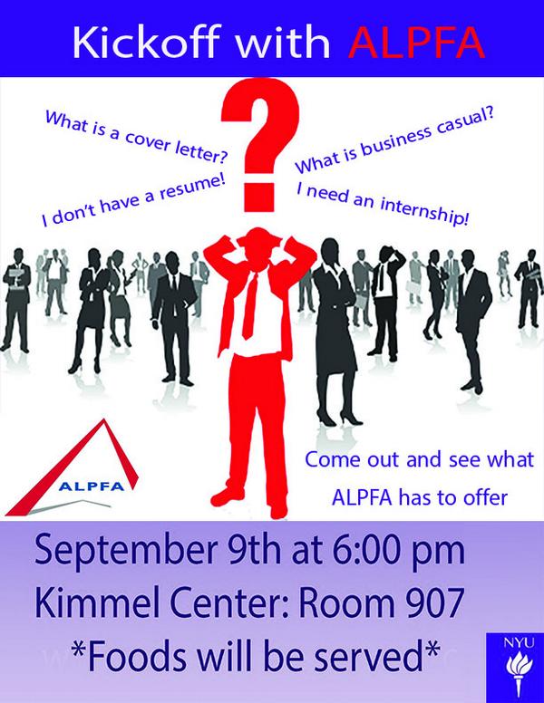 ALPFANYUChapter's tweet photo. HEY ALL! COME ON OUT FOR OUR FIRST EVENT OF THE SEMESTER ON SEPTEMBER 9TH AT 6 PM AT KIMMEL RM 907. #NYUALFA http://t.co/nBuhUpFMMk