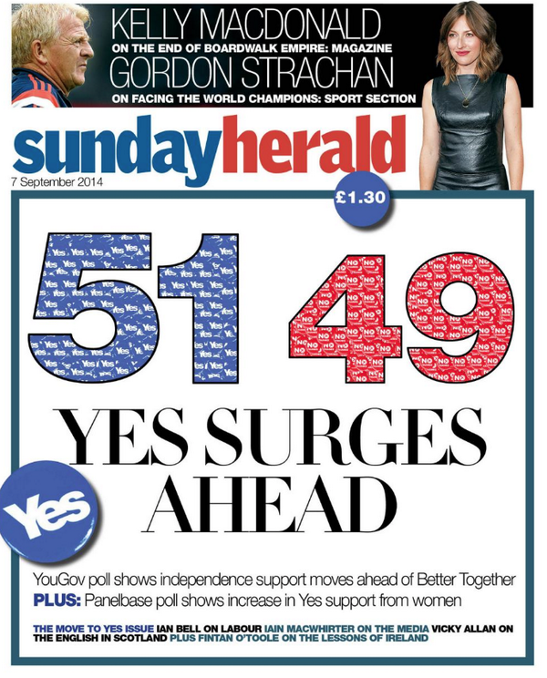 LeaskyHT's tweet photo. "51:49 Yes surges Ahead."
Page 1 of @newsundayherald http://t.co/mfe4YUczKr
