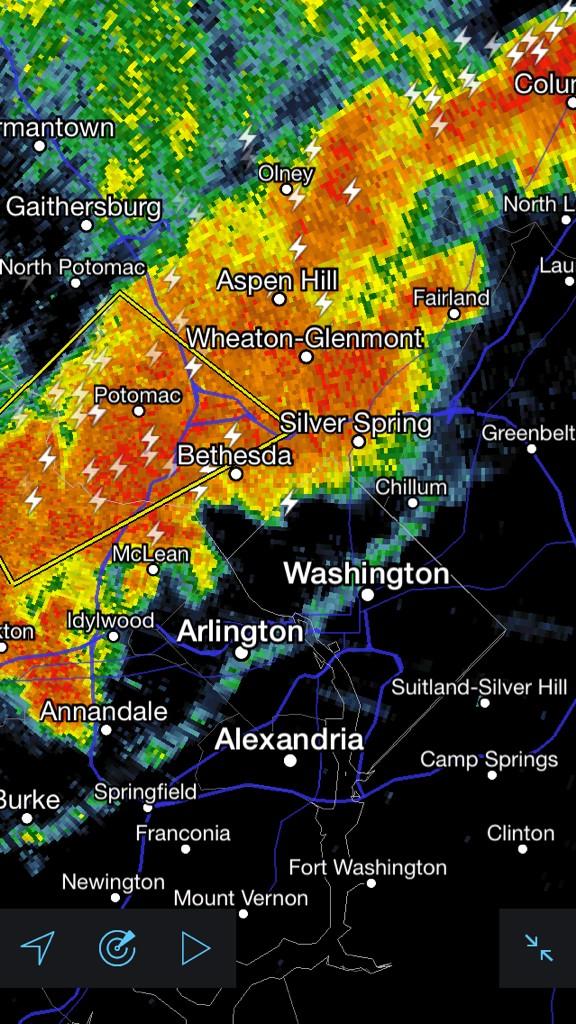 capitalweather's tweet image. This storm is pushing into DC now. Heavy rainfall rates, strong winds, frequent lightning. Stay indoors.