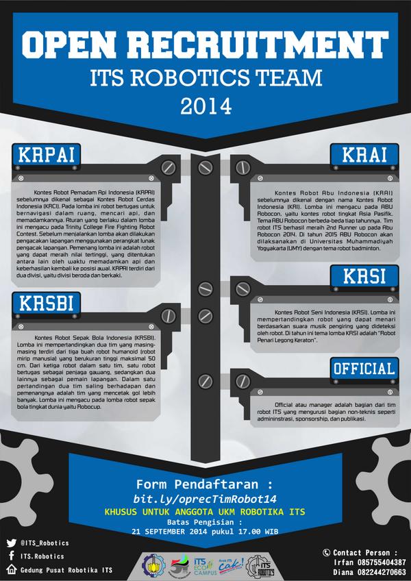 Oprec Tim Robot ITS, syarat :
Mendaftar UKM Robotika &amp; isi form bit/ly/oprecTimRobot14
@Elektro_ITS @ITS_Surabaya