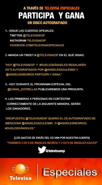 Empezando #DueloDeÁngeles con <a href="/angelesazulesmx/">Los Ángeles Azules</a> <a href="/angelesnegros/">Los Angeles Negros</a> además podrás ganar cd's autografiados <a href="/televisaesp/">Televisa Especiales</a> 🎶