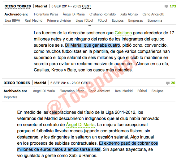 tosepower's tweet photo. -5 sept | "Di María, que ganaba 4". 
-6 sept | "[Di María] pasó a embolsarse 7". 
@diegotorresro, novelista. http://t.co/ZGRP2CHOG9
