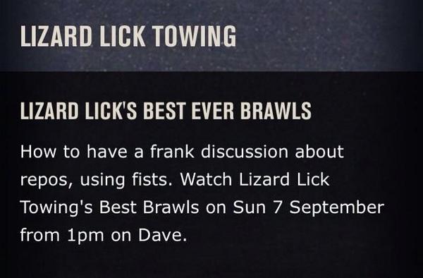 ronandamyfans's tweet photo. Tune in to @Join_Dave in 10 minutes and watch Lizard Lick Towing 'Best Ever Brawls' from 1PM to 5PM @LizardLickTowin http://t.co/zPAZr23doa