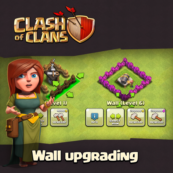 Soon you can upgrade a row of walls in one go! Walls level 6+ can also be upgraded with Elixir or Gold - your choice!