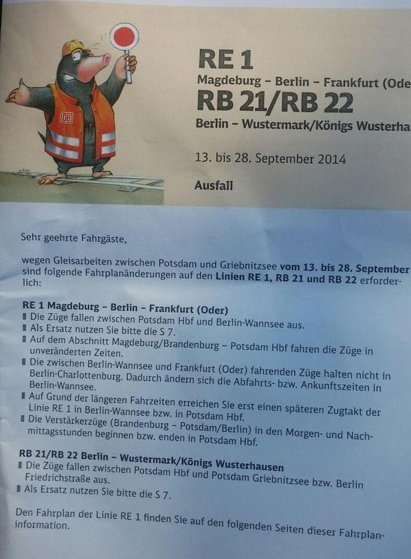 RE1 fällt aus! Siehe Bild->