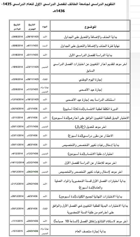 التقويم الاكاديمي جامعة الطائف