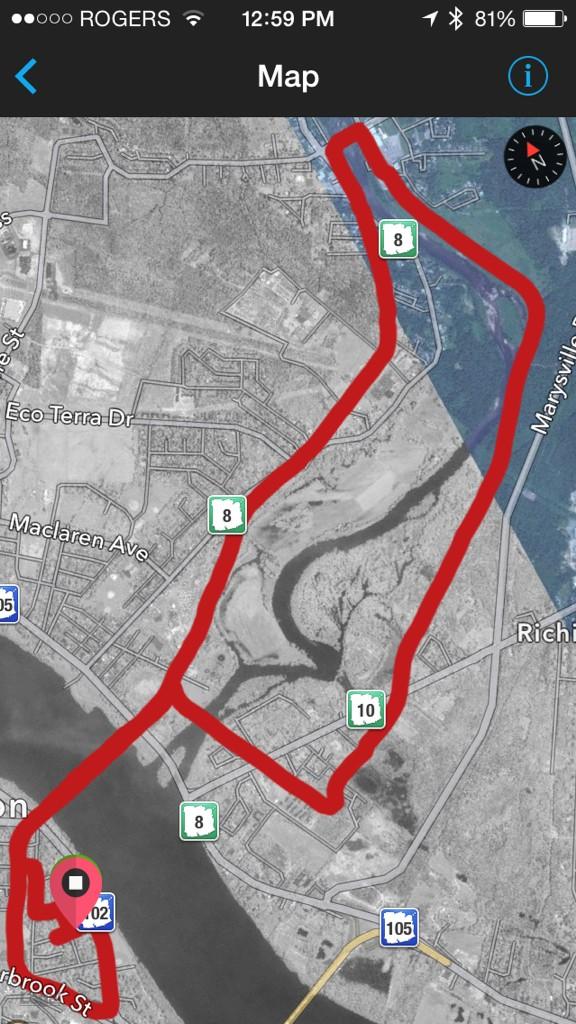 thomjeff's tweet image. Sunday run: 9-miles / 8:40 pace. Felt good overall. Really like this loop. #runnb #Fredericton #running