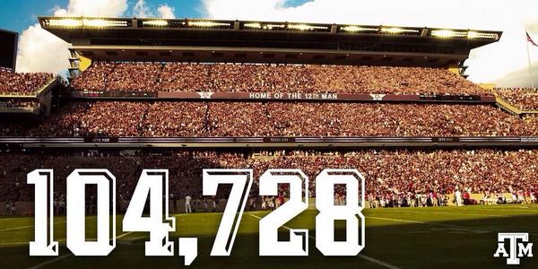 TAMUclassof17's tweet photo. RT if you were apart of the record breaking game. Largest crowd to watch a collegiate football game in Texas. http://t.co/lfnjM2c8zX