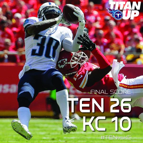 Titans's tweet photo. The #Titans get strong play from offense, defense and special teams in a season-opening 26-10 victory at Kansas City. http://t.co/GwLX2xFswh