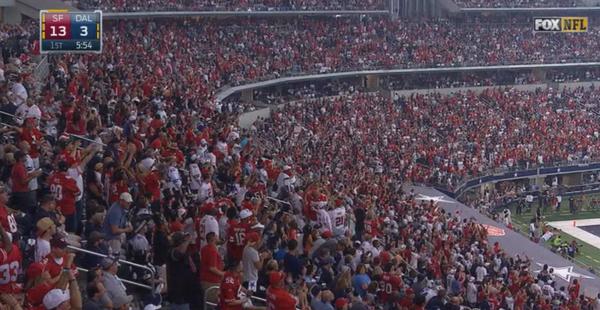 49ers's tweet photo. #49ersInvasion RT @danielbru: Can't tell if the @49ers are playing in Dallas or San Francisco. #49ers #SFvsDAL http://t.co/x8MYVv03aU
