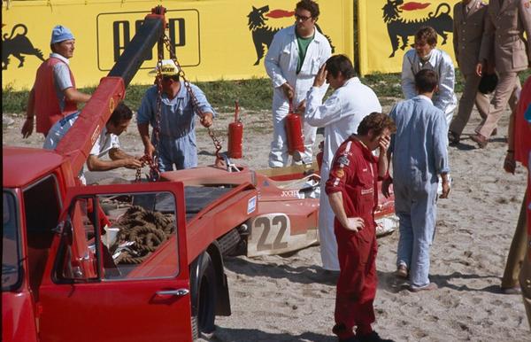 Powerful image of Team Lotus chief mechanic Eddie Dennis on the scene of Jochen  Rindt's accident at Monza, 1970. #F1