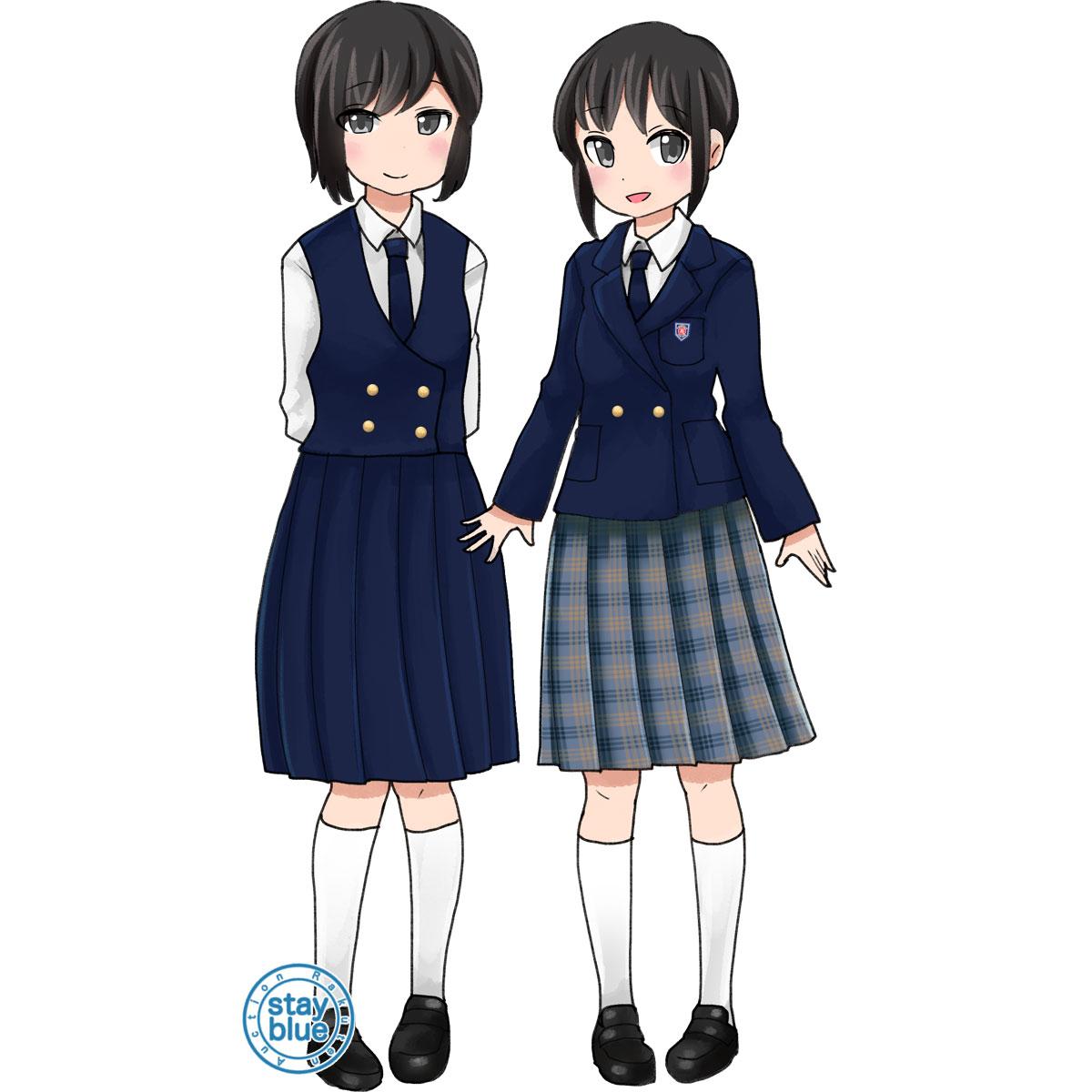 Stayblue 学校制服図鑑 鵠沼女子高校の制服イラスト 神奈川県藤沢市の私立校です 今の校名は鵠沼高校で10年前まで女子校でした 当時の制服イラストとなります 森英恵さんデザイン制服でした お馴染みのデザインですが 明るいチェックスカートが