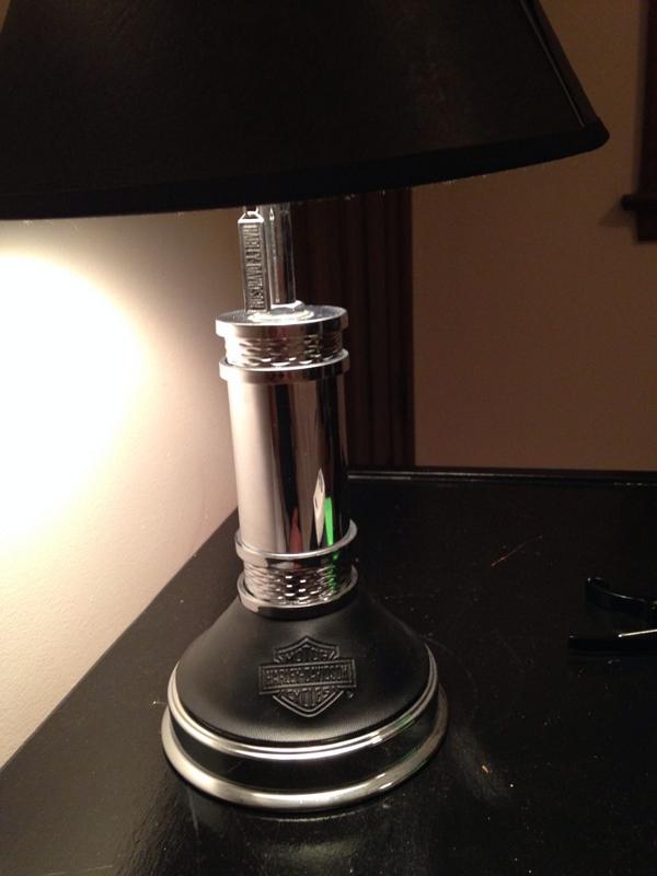 thetangentleman's tweet photo. Mom came home from thrifting with a Harley lamp for my room. Am I a sportsbike fan? Yes...am I complaining? Hell no! http://t.co/1clApqIP9f
