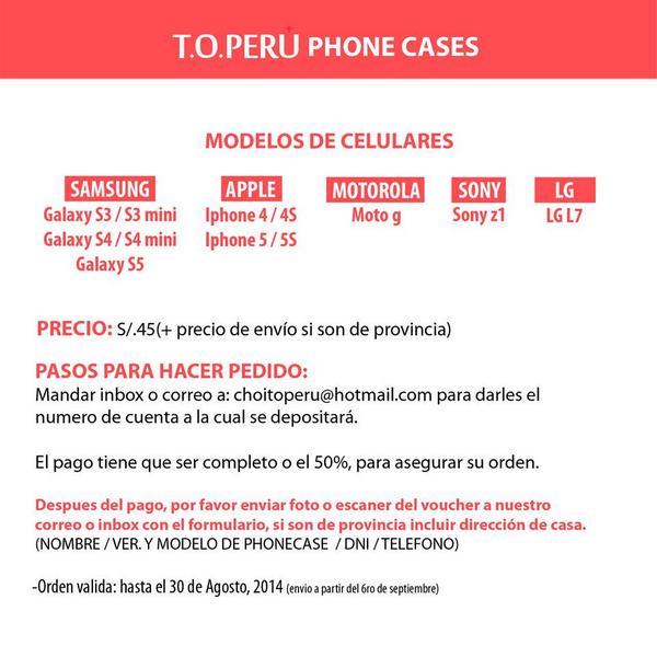 TOP_Peru's tweet photo. #VIPs mañana último día de los #Phonecases #TOPERU. Para pedidos y cualquier duda escribanos a nuestro inbox ^-^ http://t.co/NXeDJrtv7Y