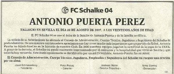 s04's tweet photo. "Hoy hace 7 años que falleció Antonio Puerta (@SevillaFC). En Gelsenkirchen te recordaremos siempre, eterno 16." #s04 http://t.co/mrMQpaWbMk