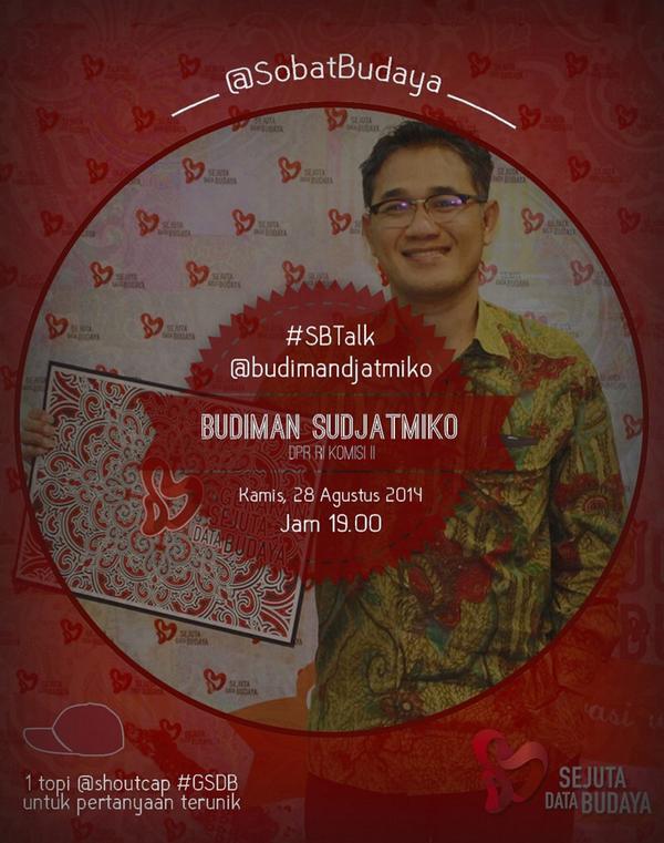 Mau tau visi pemerintahan pak @jokowi_do2 dan <a href="/Pak_JK/">Jusuf Kalla</a> u/ budaya? Yuk simak #SBTalk besok brsm mas <a href="/budimandjatmiko/">Budiman Sudjatmiko (IG: kelasinspirasibudiman)</a>