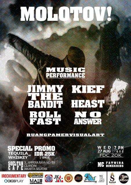 MOLOTOV!|mulai pkl.19.00 <a href="/SoeltanCafe/">Soeltan Cafe</a> |<a href="/KIEF_JKT/">KIEF</a> <a href="/JIMMYTHEBANDIT_/">Jimmy the Bandit</a> <a href="/HEASTsound/">Babe A</a> <a href="/NoAnswerEJHC/">Pretty Kitty ❤</a> @rocknrollfast (Bali)
