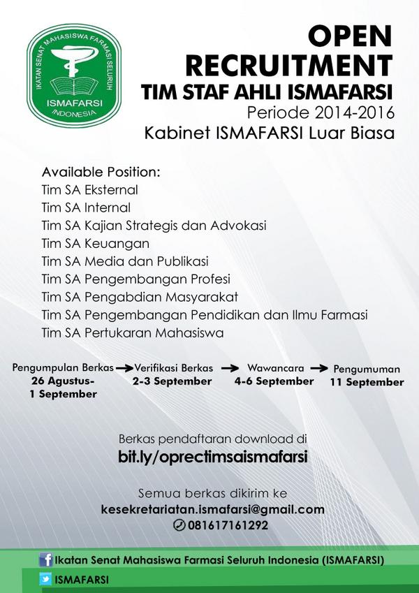 Selamat malam teman-teman farmasi. Yuk ikutan oprec Tim SA ISMAFARSI!