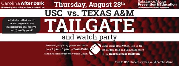 GamecockEnt's tweet photo. USC football, free food, games AND a loyalty point? Sounds awesome! Come to the @RussellHouseUU Tailgate tomorrow! http://t.co/VqLMai7HX6