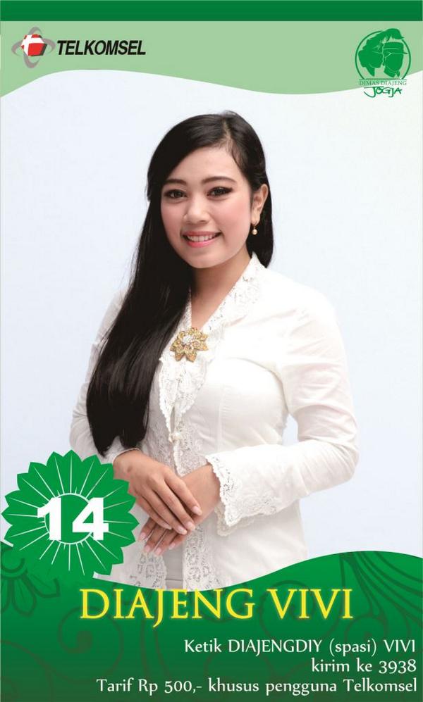 Dukung DIAJENG VIVI (14) <a href="/vivitriaa/">Fitria Rahmawati</a>  . Ketik DIAJENGDIY(spasi)VIVI kirim ke 3938 (Telkomsel)  <a href="/Tsel_JatengDIY/">Telkomsel JatengDIY</a>