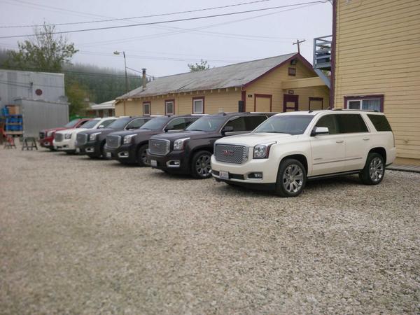 GMCcanada's tweet photo. Nice line-up! #ExploreYukon RT @CAFMagazines: leaving Dawson city in @GMCCanada #yukon on the #yukondrive. @GMCanada http://t.co/Iva82yyxwT