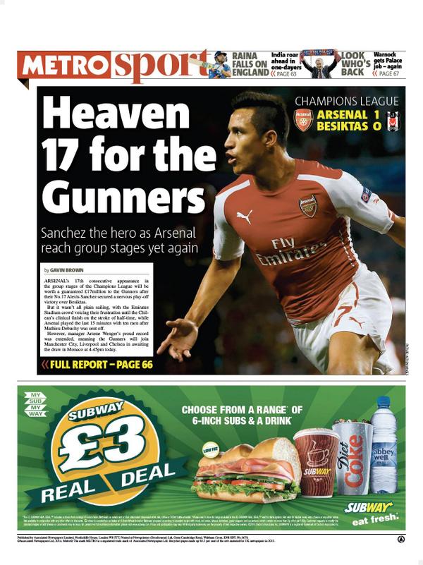 JorgeRamos_SB's tweet photo. #ContrapoRTada Jueves Metro - "Heaven 17 for the Gunners" #tomorrowspaperstoday #bbcpapers #ARSVSBES @suttonnick http://t.co/J4Sn2FMCHi