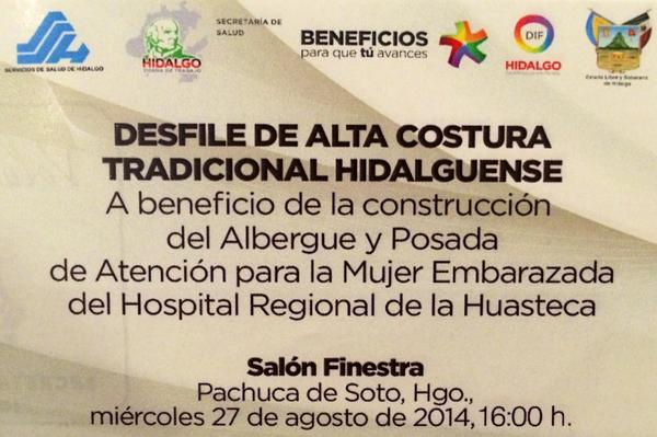 VoluntariadoSSH's tweet image. Voluntariado @Salud_Hidalgo invita el día de hoy 27 de Agosto al Desfile de Alta Costura Tradicional Hidalguense