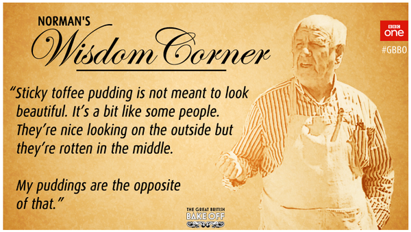 BBCOne's tweet photo. Norman’s Wisdom Corner... #GBBO http://t.co/U27dDG83l6