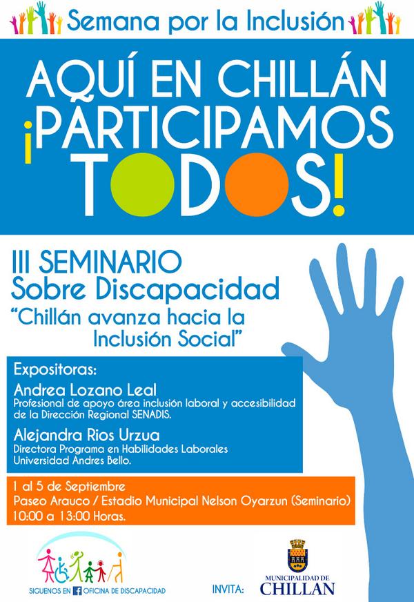 Discapa_Chillan's tweet image. Para confirmar asistencia al seminario del día 3 de Sept.debe mandar un mail a carosarmiento@udec.cl.Son solo50 cupos