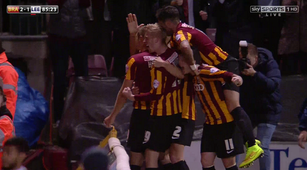 SkySportsPL's tweet image. GOAL! Bradford 2 - 1 Leeds. Wow. You wait 80 minutes for a goal, and three come along in three minutes! Hanson scores