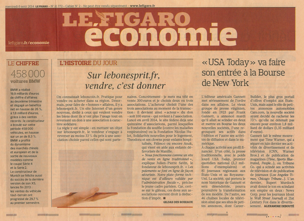 cestbonesprit's tweet photo. "sur @lebonesprit, vendre cest donner" en première page du @Le_Figaro  Economie du 6 aout ! avec @FduSouffle http://t.co/eRdvaCnar3