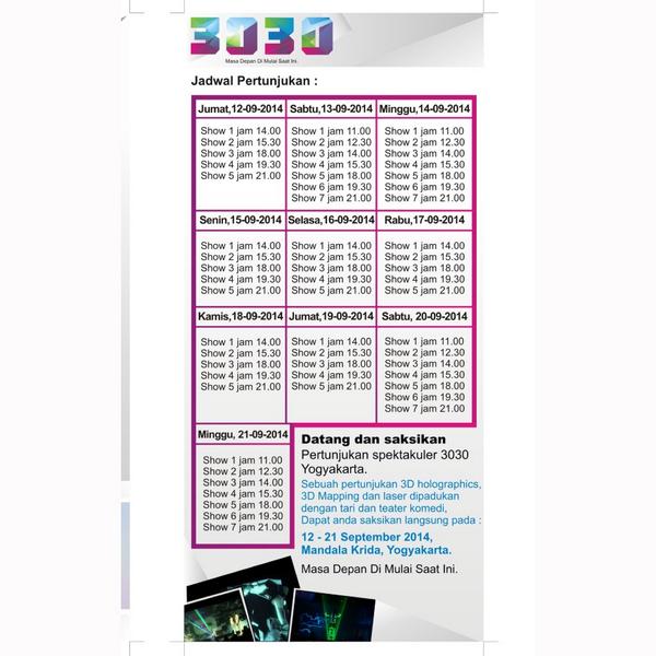 trikotajogja's tweet photo. #3030jogja Sabtu 12/09/14
Show1: 11.00
Show2: 12.30
Show3: 14.00
Show4: 15.30
Show5: 18.00
Show6: 19.30
Show7: 21.00
http://t.co/Rclli9mPxA.