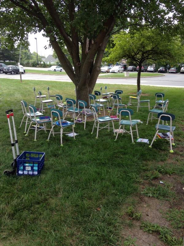 NickNeiderhouse's tweet photo. Learning has no walls. Cooler outside today for Mrs. Virost's classes. #problemsolver #thinkingoutsidethe"box" http://t.co/DJRBk8vPxX