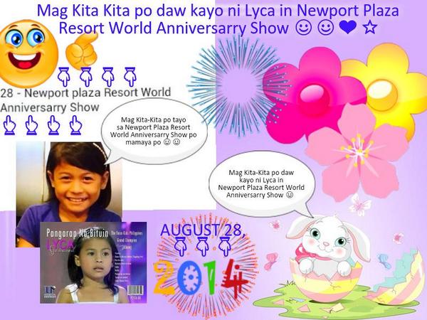 Lyca Gairanod (@lycagairanod12) on Twitter photo Mag kita kits po kayo ni Lyca in Newport Plaza Resort World Anniversarry Show po mamaya po good luck <a href="/LycaJGairanod/">Lyca Jane Gairanod</a>π Mag kita kits po kayo ni Lyca in Newport Plaza Resort World Anniversarry Show po mamaya po good luck <a href="/LycaJGairanod/">Lyca Jane Gairanod</a>π