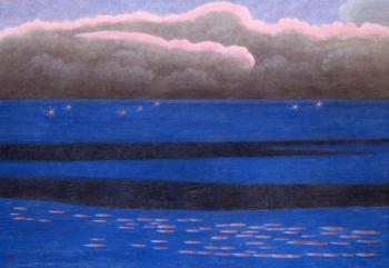 小野竹喬《沖の灯》(山種美術館）。深い青色の海。夕暮れの桃色の光が