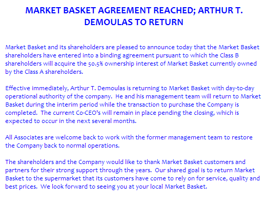 MarketBasketNws's tweet photo. "@mydemoulas: Arthur T's Statement #MarketBasket http://t.co/kkaIcIg1Oc" it feels like Christmas!
