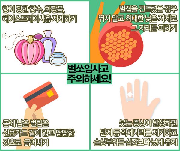 8~9월이면 부쩍 늘어나는 벌쏘임 사고! 특히 추석이 다가오면서 벌초, 성묘 때 많이 발생하는데요. 벌쏘임 예방법, 응급처치 요령 확인하세요! ▶