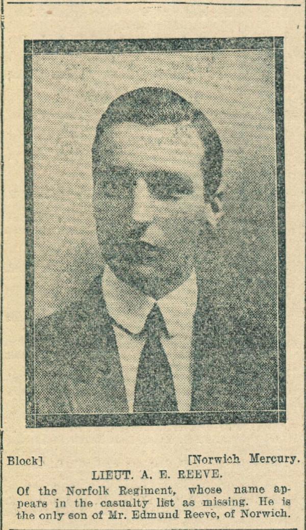 100 years ago today - reports that Lieutenant A E Reeve, of the Norfolks, is listed as missing #WW1centenary