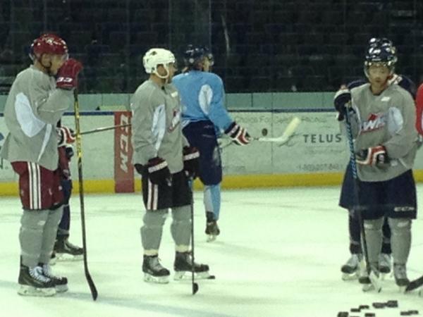 dforbes91's tweet photo. I'm sure Riley Sheen (@sheener_11) is on cloud 9 this AM. Doing line drills w/ 'Hawks Versteeg &amp; 'Yotes @Bobbyklink http://t.co/ksqBwkEQbx