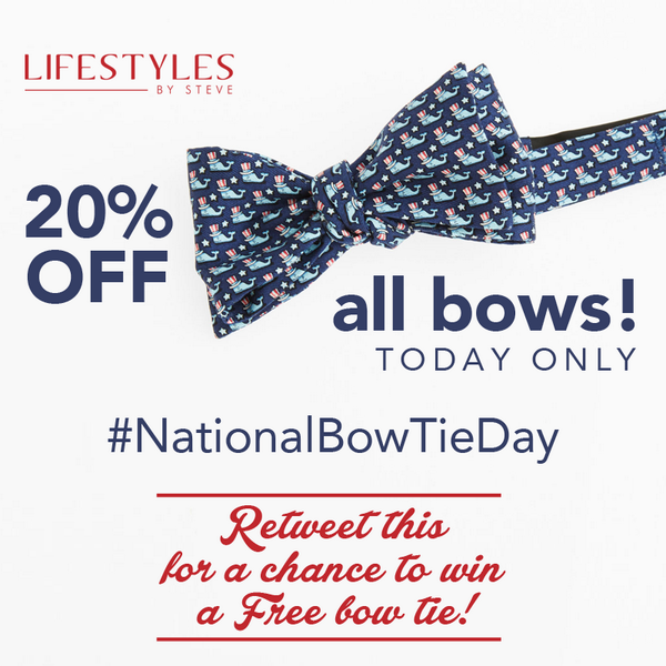 shoplifestyles's tweet photo. Happy #NationalBowTieDay! #Retweet for a chance to win a FREE bow tie of your choice! Plus, 20% off all bows all day. http://t.co/o3HA8dgvcN