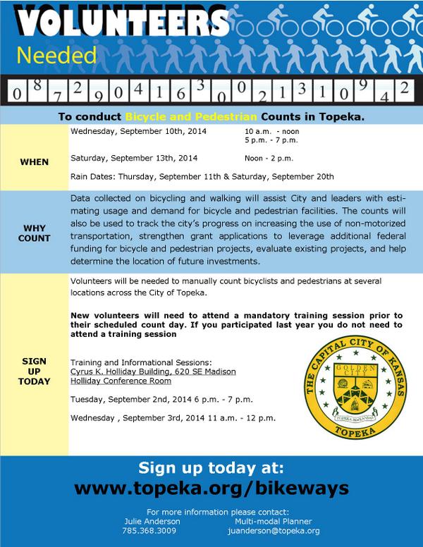 2nd Annual Bike Counts--volunteers needed! Sign up at topeka.org/bikeways